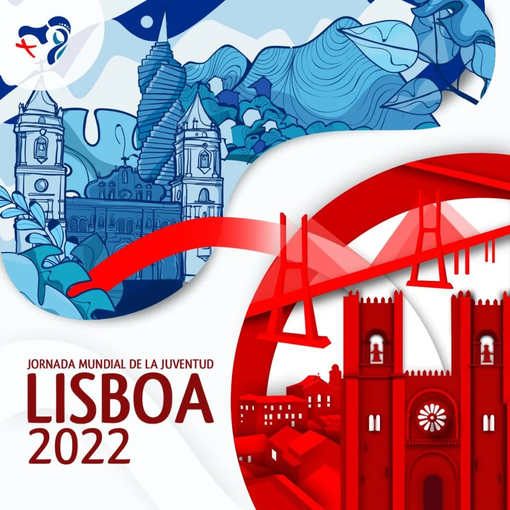 Logotipo oficial da Jornada Mundial da Juventude ou jovens reunidos em celebração.