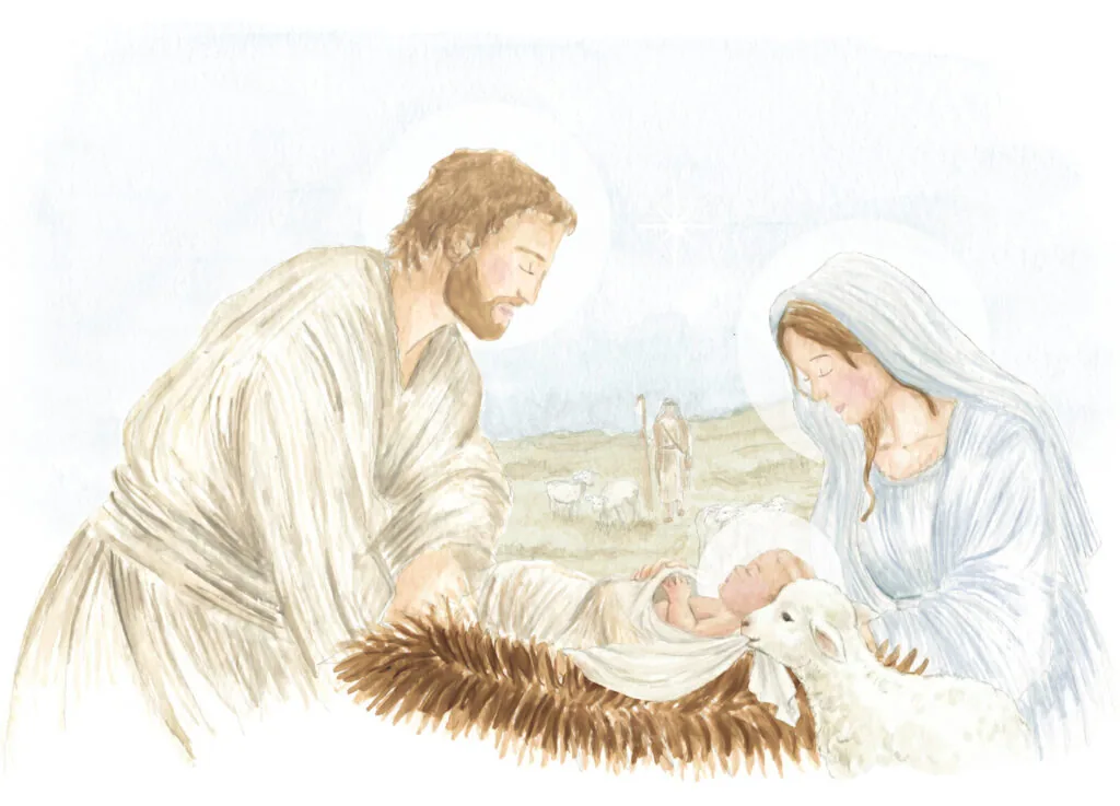 Representação do presépio de Natal com o Menino Jesus rodeado por pastores sob uma luz celestial.