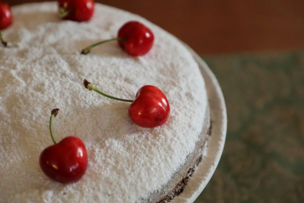 Um apetitoso bolo de cereja caseiro polvilhado com açúcar em pó e decorado com cerejas frescas com pé.