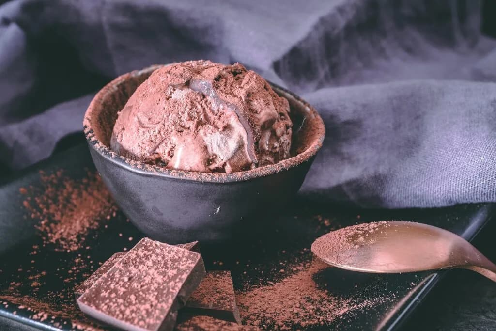 Gelado de chocolate caseiro servido numa taça