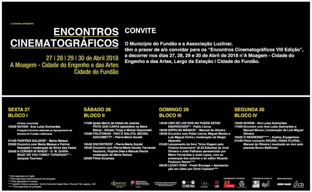 Cartaz informativo dos Encontros Cinematográficos no Fundão com detalhes sobre a programação cultural.