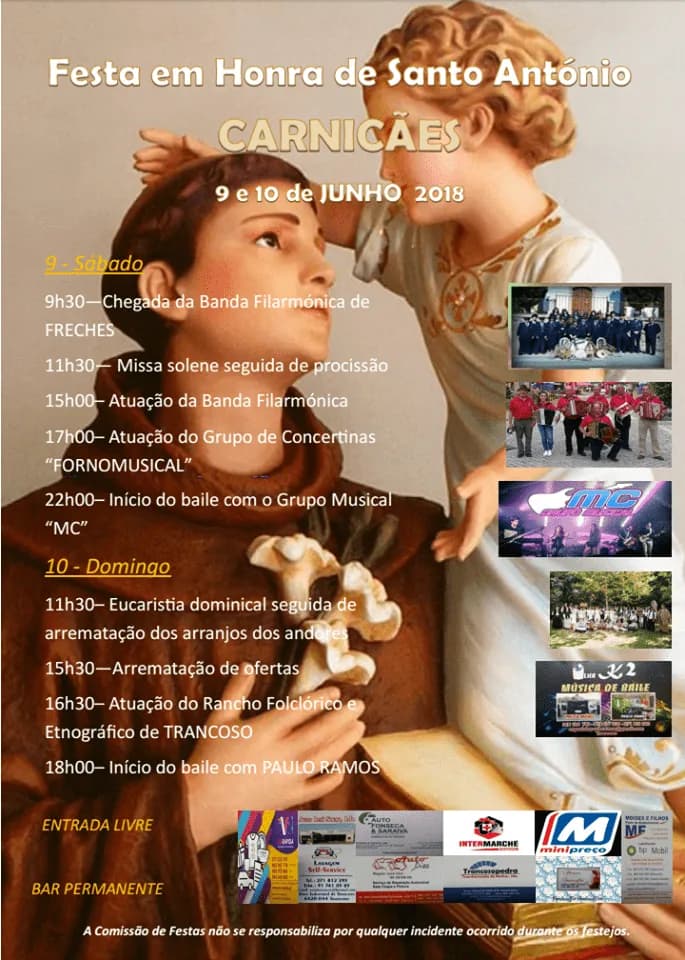 Cartaz com os preparativos festivos e imagem de Santo António na localidade de Carnicães.